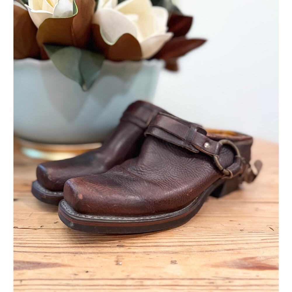 Frye USA Brown Leather Harness Mule Clogs Women's 9 9N Ring Strap Western Moto - Picture 2 of 11